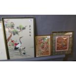 Three oriental silk needlework framed panels, flowers and cranes. (3) (B.P. 21% + VAT)