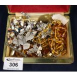Box of assorted costume jewellery including an Art Deco bar brooch and a silver butterfly brooch. (
