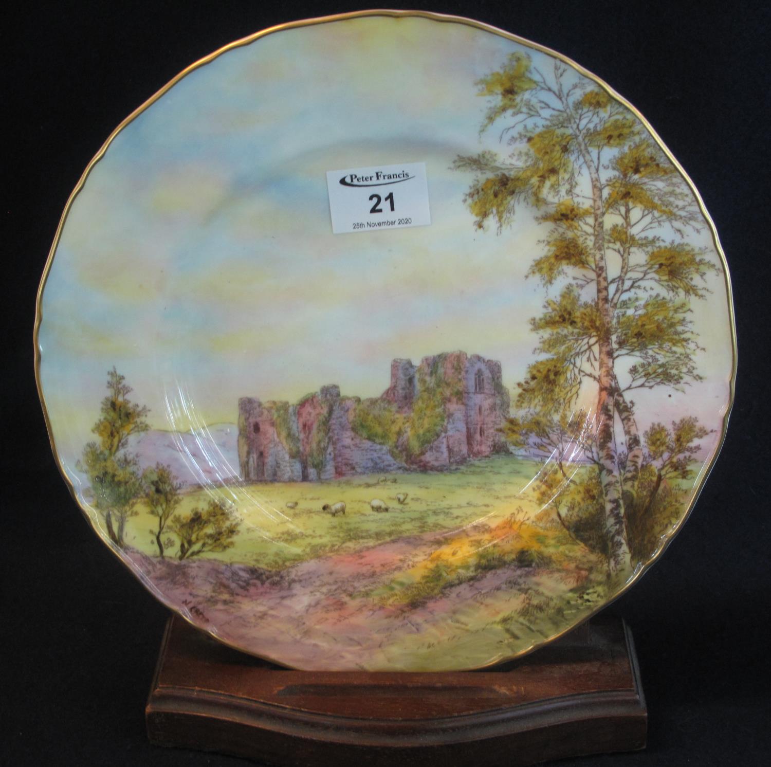 Royal Worcester bone china printed and painted cabinet plate, 'Oystermouth Castle', with printed