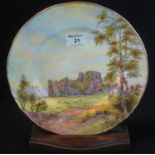 Royal Worcester bone china printed and painted cabinet plate, 'Oystermouth Castle', with printed