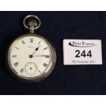 Waltham key wind open faced silver pocket watch with Roman numerals and seconds dial in engine