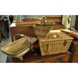 Two bentwood trugs, together with a small wicker basket and a wicker picnic hamper. (4) (B.P.
