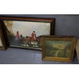 Large coloured furnishing print and a pair of naïve oils on boards, country scenes. (3) (B.P.