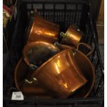 Box of vintage copper to include; preserving pan, other pans with swing handles etc. (B.P. 21% +