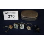 Georgian silver snuff box, maker SP. Three commemorative rings and an earring. (B.P. 21% + VAT)