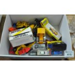Box containing assorted playworn diecast model and other plastic vehicles, Corgi Austin Metro in