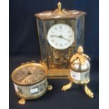 A Sinclair Harding brass drum shaped table clock, modern, a Kendo brass framed six glass perpetual