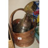 Collection of metal ware to include; helmet shaped copper coal scuttle, chestnut roaster, pewter