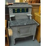 Edwardian painted tile back marble top washstand with Art Nouveau tiles and moulded decoration. (B.