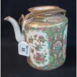 Chinese Canton porcelain cylindrical teapot and cover, overall decorated in famille rose design with