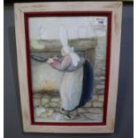 After N Pastor, woman tossing pancake with cat and kittens at her feet, coloured print, 37 x 26cm