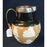 Late 19th Century Doulton Lambeth stoneware baluster shaped topers jug with silver rim, impressed