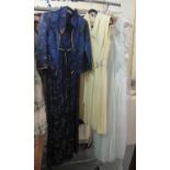 Three vintage dresses to include; a 60s empire line Chinese silk fabric dress with matching