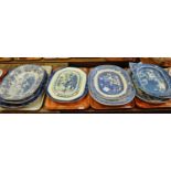 Four trays of 19th Century blue and white transfer printed Welsh pottery meat dishes, drainer dish
