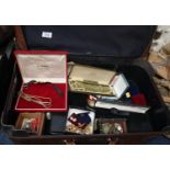 Suitcase of oddments to include; various boxes, porcupine quill, carved wooden etc, some costume