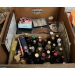 Box of oddments including; miniature liqueurs and spirits, brassware, boudoir clock, dressing