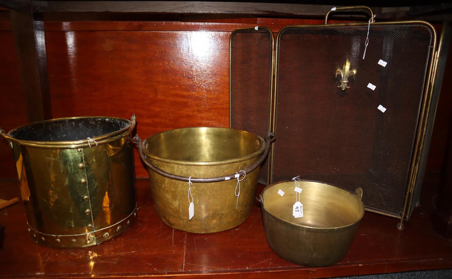 Collection of assorted metalware to include; brass framed mesh three fold screen, two heavy brass