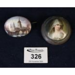German porcelain oval pin brooch, painted depicting St Paul's cathedral, annotated verso and a small