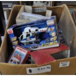 Box of assorted toys to include; Top Trump cards, diecast model vehicles, promotional vehicles