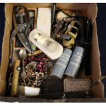 Box of oddments to include; Dinky toys, costume jewellery, shell cases, knives, a Rolls razor and