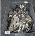Box of assorted silver plate to mainly include; silver plated flatware, candlesticks etc. (B.P.