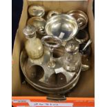 Victorian silver boat shaped cruet stand with two glass bottles, a silver two handled trophy cup,