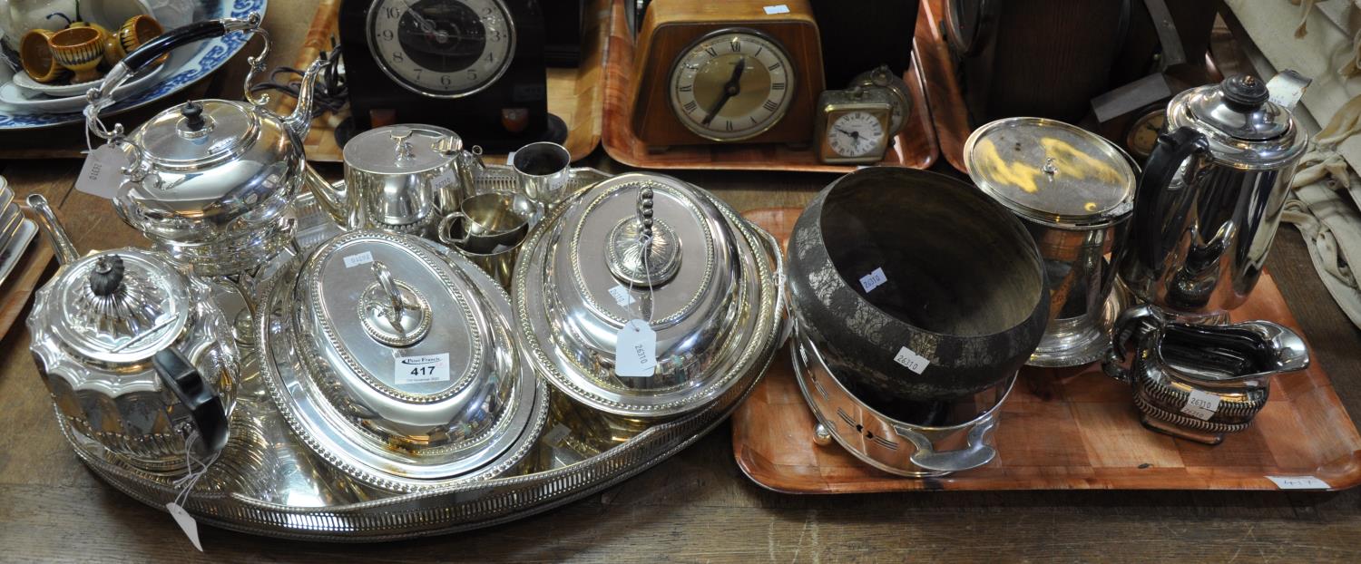 Collection of silver plated items to include; spirit kettle on stand, pair of entree dishes, large