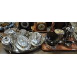 Collection of silver plated items to include; spirit kettle on stand, pair of entree dishes, large