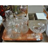 Tray of glass to include; decanters and stopper, water jugs, set of six Martell cognac drinking