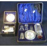 Silver plated travelling communion wine set to include; small paten chalice and flask in fitted box.