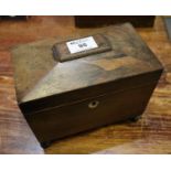 19th Century sarcophagus shaped rosewood tea caddy with two compartments on ball feet. 21cm wide