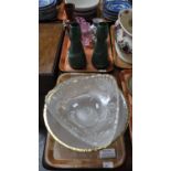 Two trays of assorted art and other glass, cranberry jug, pair of green glass conical vases etc. (2)