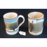 Two 19th Century Mocha ware pottery mugs, straight sided with typical banded decoration, one lacking