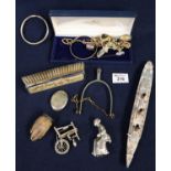 Assorted costume jewellery, cocktail watch, silver bangle, nickle vesta case, dressing table