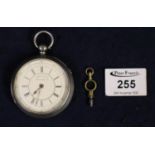 Large silver key wind lever open faced pocket watch with Roman numerals, the face marked 'Centre