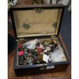 19th Century mahogany ladies work box with mother of pearl escutcheon, containing a large collection