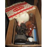 Box of oddments to include; ceramic flask, vintage fishing reel, vintage cameras, harmonica in