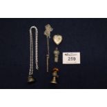 Collection of silver and white metal items including a whistle, locket, a pencil, etc, (B.P. 21% +