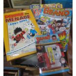 Box containing Beano comics and similar Beano ephemera including ; Dennis the Menace day kit etc (