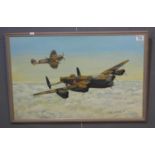 J.D Parfoot, study of a Second World War Lancaster bomber with Spitfire fighter, signed and dated '