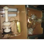 Two boxes of assorted light fittings, desk lamp and hardstone table lamp base. (B.P. 21% + VAT)