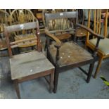 Early 19th century oak bobbin and rail-back open farmhouse armchair, together with another early