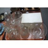 Tray of glass to include; decanters and stopper, water jugs, set of six Martell cognac drinking