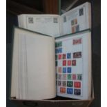 Box with all world collection of stamps in three albums and on pages. Many 100's of stamps. (B.P.