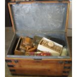 Early 20th Century metal bound zinc lined travelling trunk labelled A.J. Lawrance pine with metal