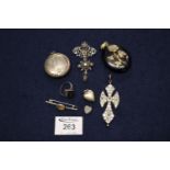Collection of silver and white metal jewellery including a citrine bar brooch, butterfly wing