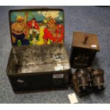 Vintage Lyons' biscuit tin 'Lyons' Treasure Chest Assortment', a brass covered tea caddy and a