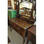 Edwardian mahogany inlaid mirror back dressing table, having two short and one long drawer on square