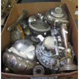 Box of metalware to include; part ladies vanity set, cake stands, bowls etc. (B.P. 21% + VAT)