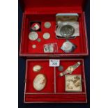 Collection of costume jewellery and coins including two shell cameo brooches in a red leather